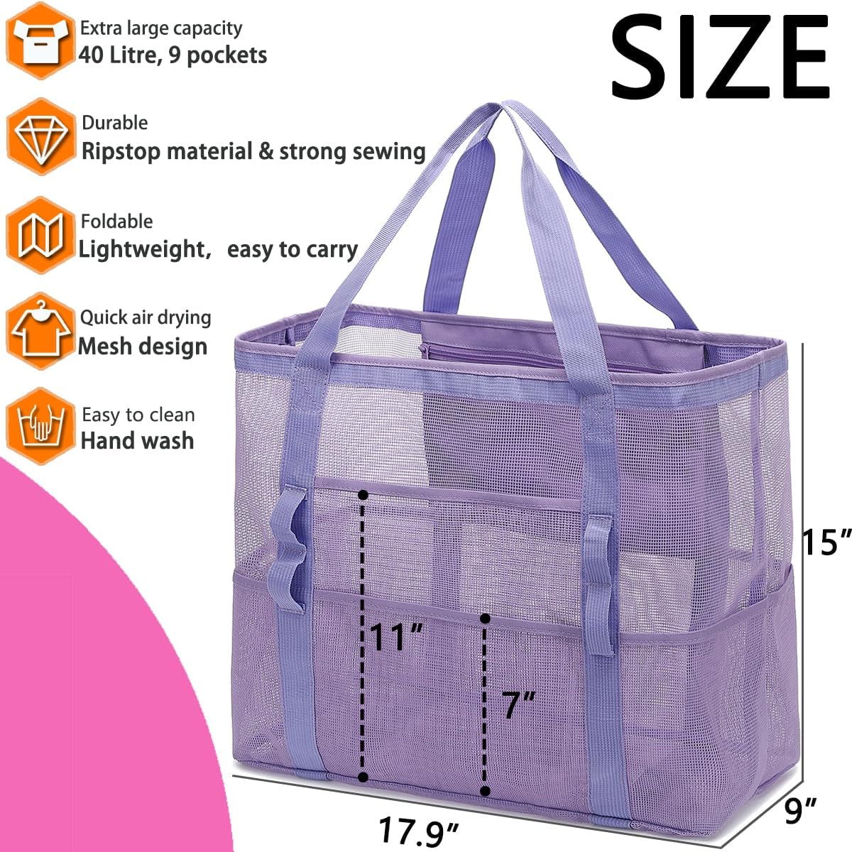 Mesh Beach Bag, Large Beach Tote with Zipper Pocket for Family Pool Bag for Toys & Vacation Essentials