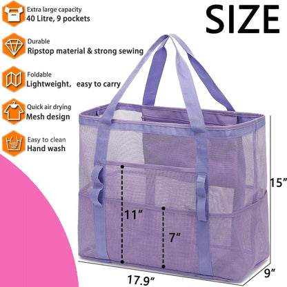 Mesh Beach Bag, Large Beach Tote with Zipper Pocket for Family Pool Bag for Toys & Vacation Essentials
