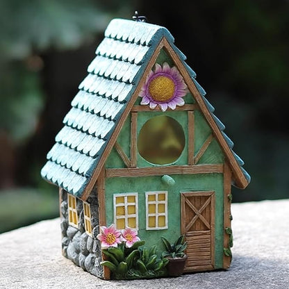 Cottage-Style Hanging Birdhouse with Flower Accents – Hand-Painted Resin Decorative Bird House for Outdoors, Weather-Resistant Garden Decor for Small Birds