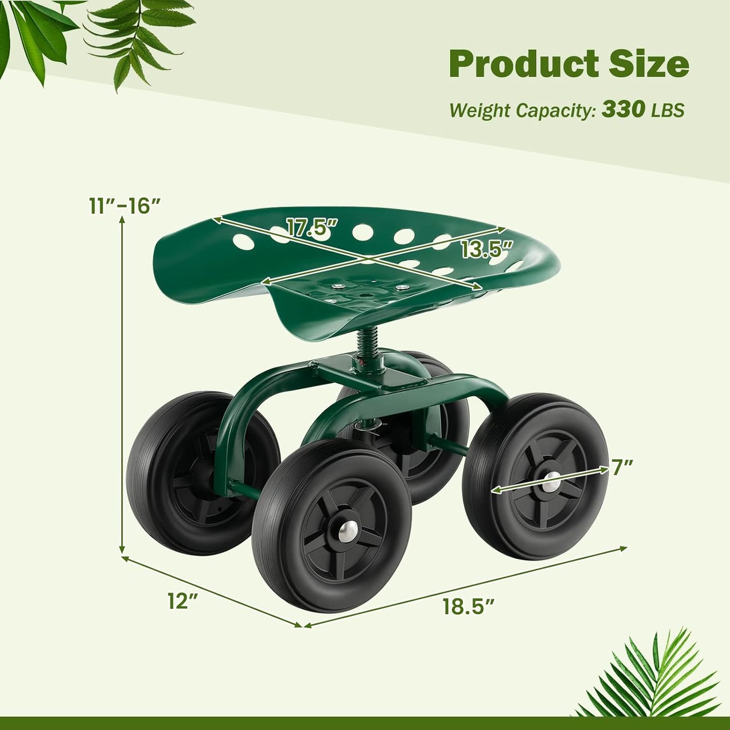 LDAILY Garden Seat with Wheels, Heavy-Duty Utility Stool Cart with Adjustable 11"-16" Height & 360° Rotatable, Rolling Garden Cart with Seat for Lawn Planting, Yard Work, Patio Gardening (Green)