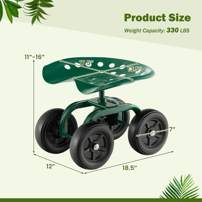 LDAILY Garden Seat with Wheels, Heavy-Duty Utility Stool Cart with Adjustable 11"-16" Height & 360° Rotatable, Rolling Garden Cart with Seat for Lawn Planting, Yard Work, Patio Gardening (Green)