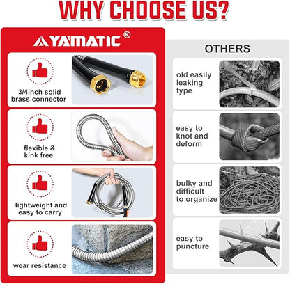 YAMATIC 50FT Stainless Steel Garden Hose, Metal Water Hose with 3/4'' Brass Connectors – Rust-Proof & Kink-Resistant Design, 10-Pattern Hose Nozzle