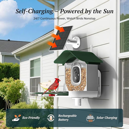 Smart Bird Feeder with Camera, 2K HD AI Identify Birds Species, Bi rd Watching Camera with Solar Panel, Instant Notifications, Ideal Present for Bird Lover, Dark Green