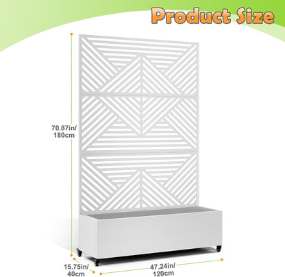 Metal Raised Garden Bed with Trellis, 2-in-1 Planter Box & Privacy Screen for Climbing Plants, Outdoor Standing Flower Bed with Drainage Holes, 47.2" L x 16.7" W x 70.8" H, White-Zodiac