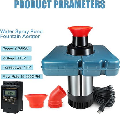 Goldlife Pond Fountain Aerator, F2-2 1HP 750W 110V Stainless Steel Floating Fountain With 100 Feet Power Cord, Aerating Fountain Pond Cascade Pump for Small Large Ponds Lake Jet System