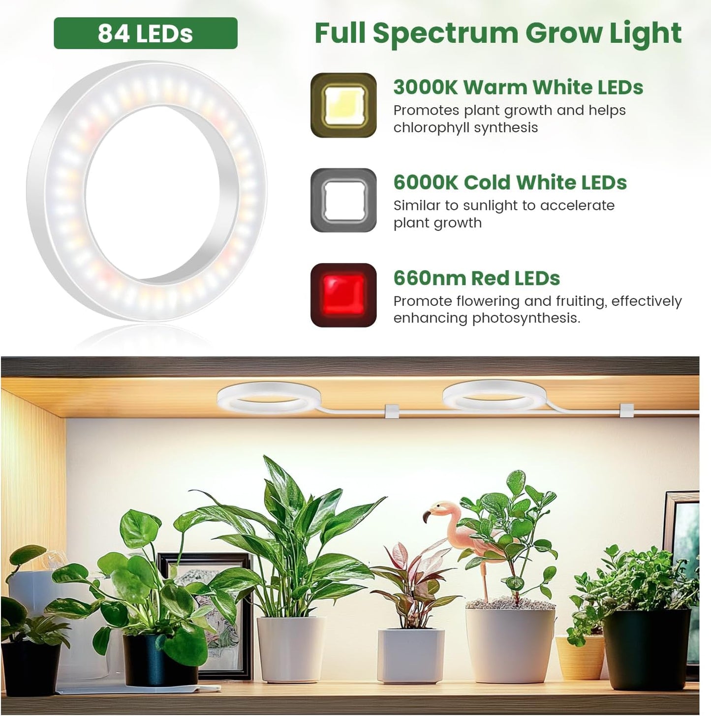 6.3" Grow Lights for Indoor Plants, 84 LEDs Full Spectrum Plant Grow Light with 6/12/16H Timer, 3 Spectrum Modes, 5 Brightness Levels, Under Cabinet Halo Plant Light for Indoor Plants