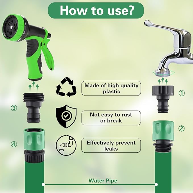 16 Pieces Garden Hose Quick Connect Fittings 3/4 Inch Plastic Water Hose Quick Connect Male and Female Water Hose End Adapters with 10 Pieces Rubber Washer（Green）