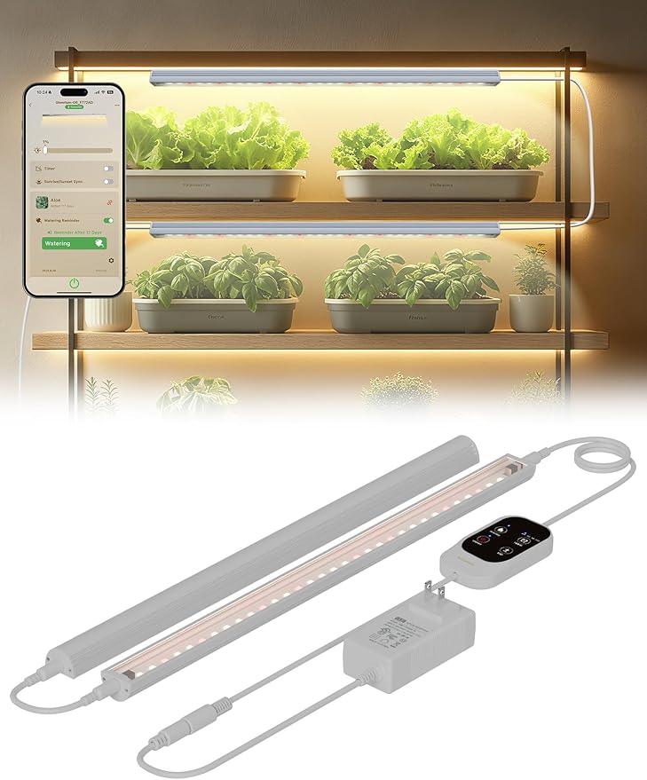 Smart Grow Light for Indoor Plants,3500K Full Spectrum LED Plant Light Strips with 3/9/12H Auto Timer,Stepless Dimming,Modular Design，Plug and Play (White, 2 Pack 16W)