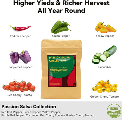 Salsa Garden Seed Pod Kit for AeroGarden, iDoo, Ahopegarden Hydroponic System, 400+ Seeds Includes Red Chili, Green, Yellow, and Purple Bell Pepper, Cucumber, Red/Golden Cherry Tomato (7-Pod)