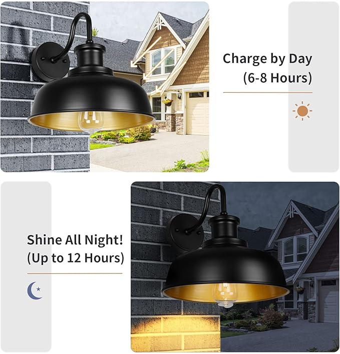 Solar Barn Light for Outside, Gooseneck Outdoor Wall Lights Solar Powered, Farmhouse Exterior Wall Sconce, Industrial Outside Lighting Fixture, Rustic Lantern for Garage, Barn, Shed, RZSR007 BK