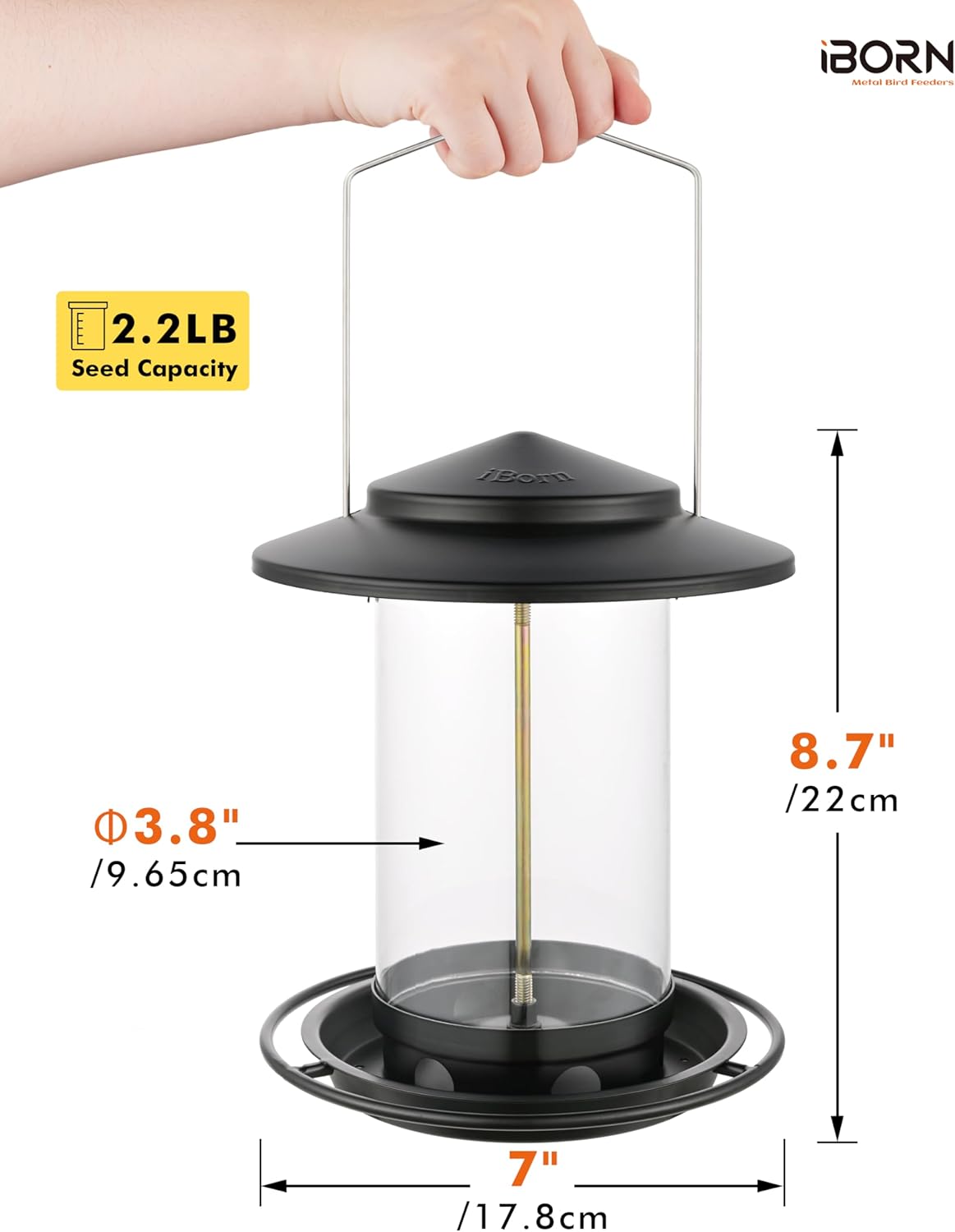 iBorn Metal Bird Feeders for Outdoors Hanging,Wild Bird Feeders for Cardinal,18cm Large Roof&Tray Black 6 Port (Seed is not Included)