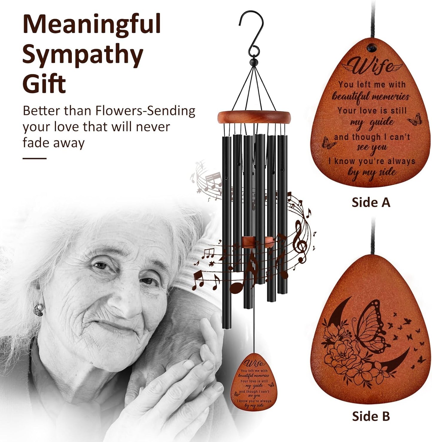 Memorial Gifts for Loss of Wife,Memorial Wind Chimes 25'', Loss of Wife Sympathy Gifts, Home Decor Outdoor Garden, Soothing Melodic Tones with Mute Option