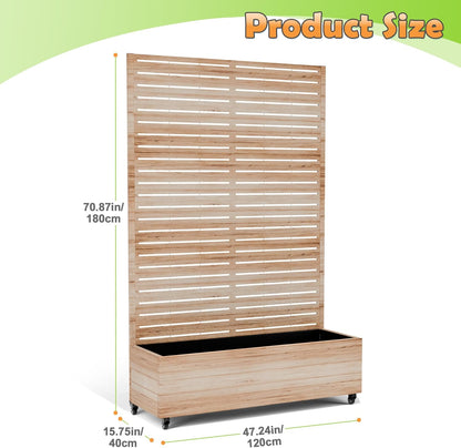 Metal Raised Garden Bed with Trellis, 2-in-1 Planter Box & Privacy Screen for Climbing Plants, Outdoor Standing Flower Bed with Drainage Holes, 47.2" L x 16.7" W x 70.8" H, Acacia Wood Grain