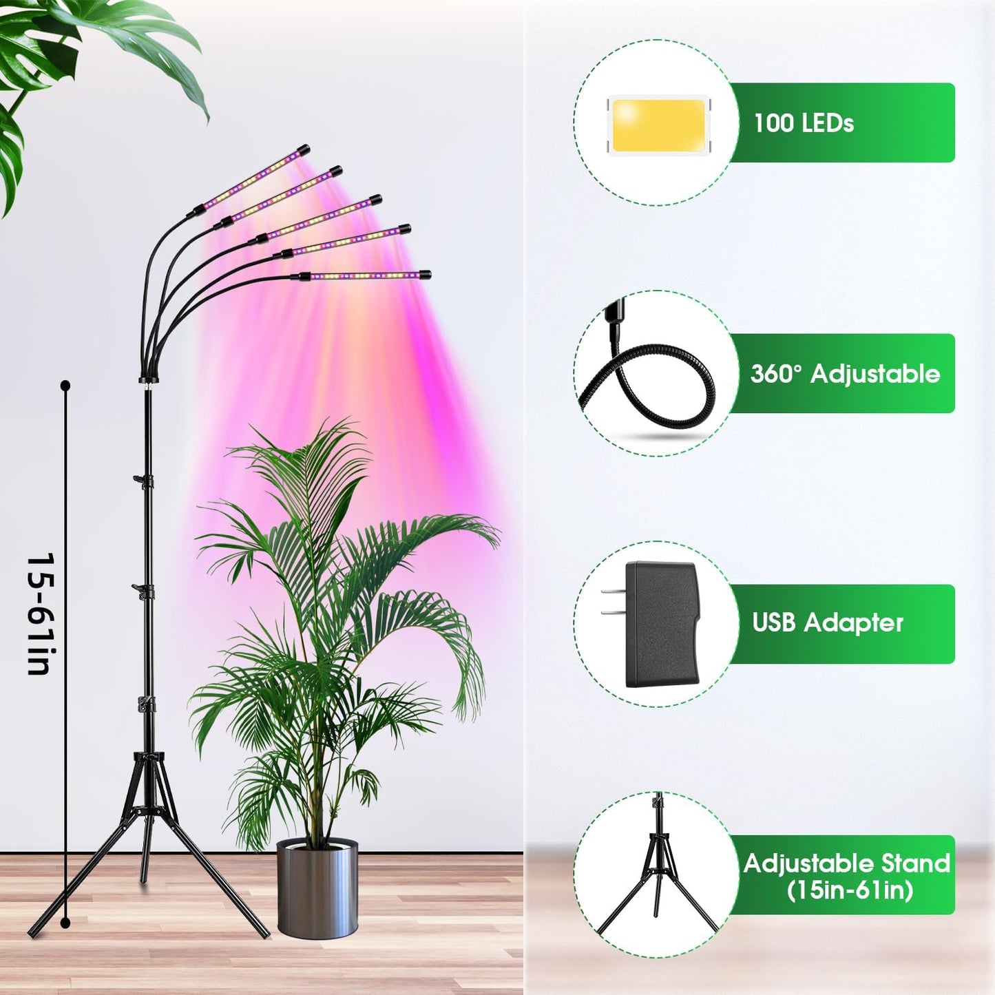 Wolezek Grow Lights for Indoor Plants, 100 LEDs Full Spectrum Plant Lights for Indoor Growing with Adjustable Stand, 5-Heads Grow Lamp with Auto 6/12/16H Timer, 3 Light Modes, 5 Levels Dimmable