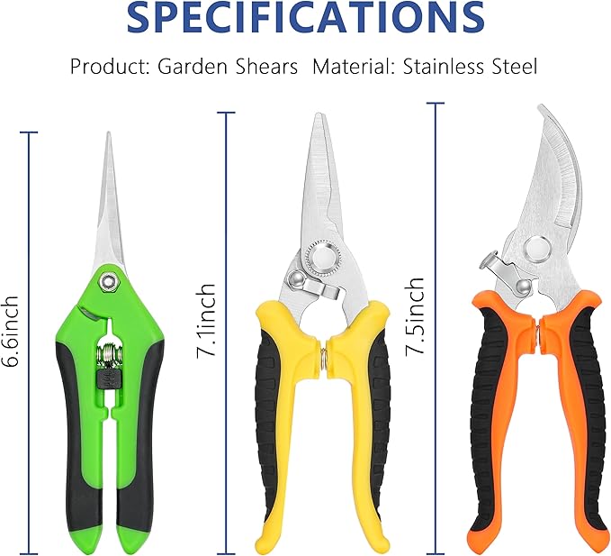 3-pack Garden Pruning Shears Set with Stainless Steel Blades, Bypass Pruners, Handheld Secateurs, Tree Trimmers, with Garden Scissors Whetstone,a Clean Brush and a hard Case