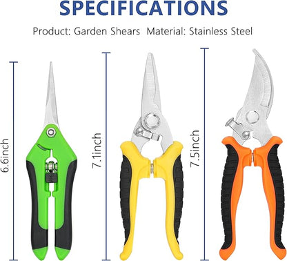 3-pack Garden Pruning Shears Set with Stainless Steel Blades, Bypass Pruners, Handheld Secateurs, Tree Trimmers, with Garden Scissors Whetstone,a Clean Brush and a hard Case