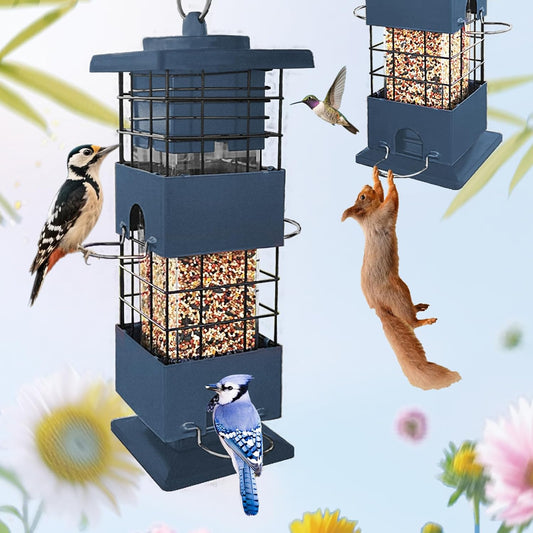 Squirrel Proof Bird Feeder for Outdoors Hanging,3Lbs Metal Birdfeeders Squirrel Proof with 4 Feeding Ports for Outside, Birdseed Feeder for Cardinal, Finch, Sparrow,Bluejay (Blue)