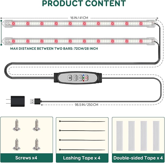 2-Bar Grow Light Strips for Indoor Plants, 16" Full Spectrum Plant Lights, 6500K Sunlike Grow Lights with 6/12/18H Timer, 5-Level Dimmable for Indoor Growing