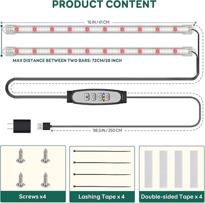 2-Bar Grow Light Strips for Indoor Plants, 16" Full Spectrum Plant Lights, 6500K Sunlike Grow Lights with 6/12/18H Timer, 5-Level Dimmable for Indoor Growing