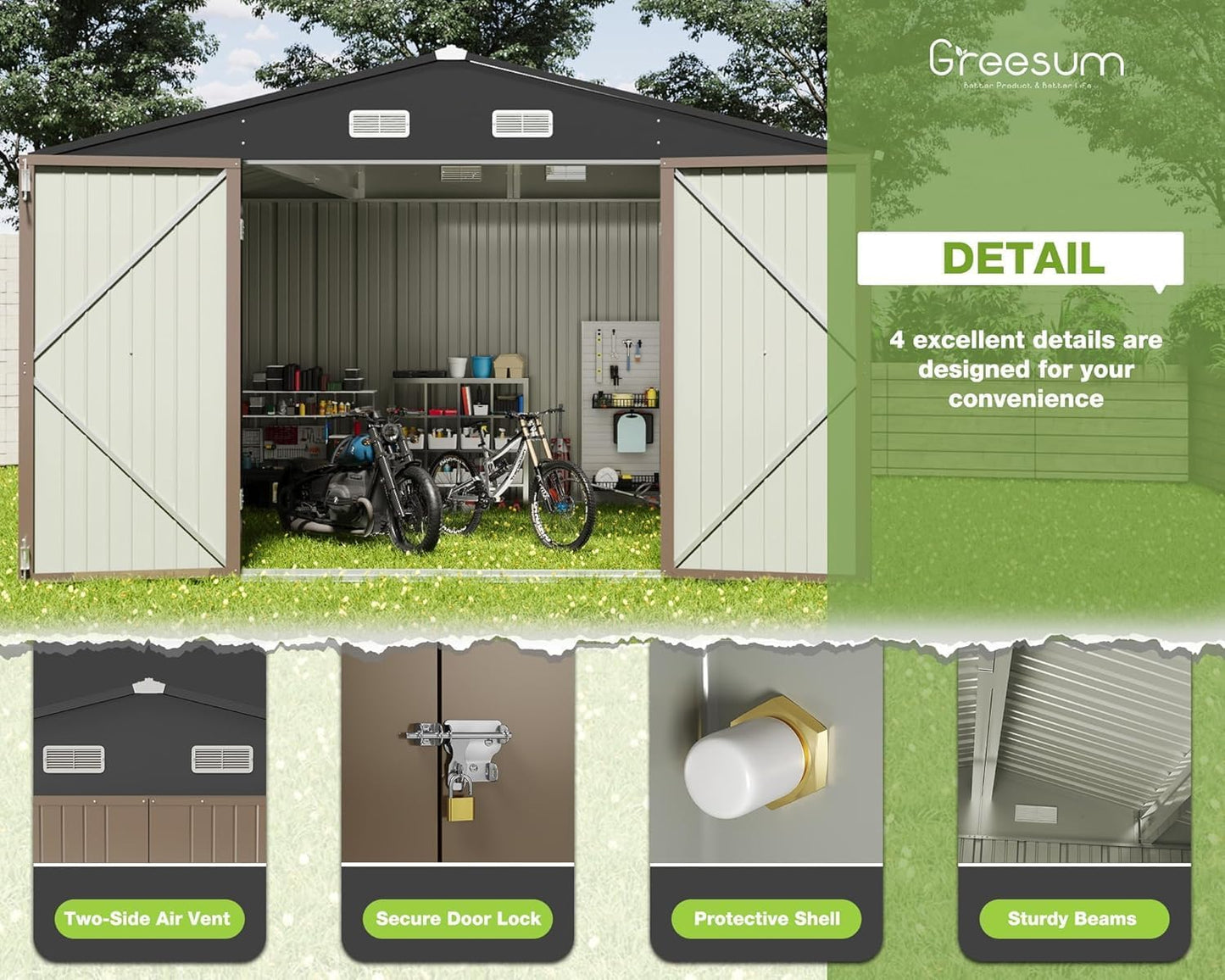 Greesum 10x10FT Outdoor Storage Shed, Utility Tool Shed Metal Storage Garden Shed with Door & Lock for Patio Storage, Brown