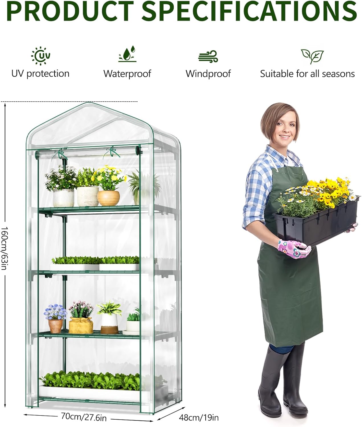 SUNYRISY Indoor Greenhouse with Grow Lights 4 Tier Plant Stand Shelf, Mini Small Greenhouse Kit with Zippered PVC Tent for Indoor Garden Seed Starting Tray, 36W Full Spectrum