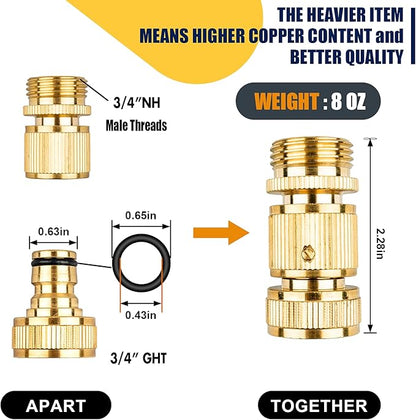2PCS Garden Hose Quick Connect, Durable Quick Connect Hose Fitting, Heavy Duty 3/4 GHT Brass Quick Coupler for Pressure Washers, Sprinklers and Watering Systems