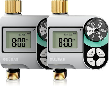 [2 Pack] QUOBAS Digital Water Timer, Programmable Sprinkler Controller, Large LCD Display, Auto/Manual/Delay Modes, for Garden Hose Watering and Drip Irrigation System