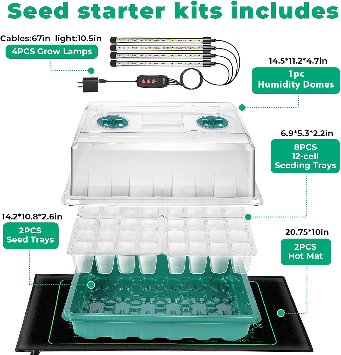 Seed Starter Tray, Seed Starter Kit with Grow Lights and Heat Mat, 96-Cell Seed Growing Tray, Seed Starting Trays Plant Starter Kit and Base, Indoor Gardening Plant Germination Trays (2)