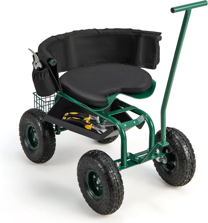 IRONMAX Garden Cart with Seat, Gardening Rolling Stool Scooter w/ 10’’ All-Terrain Wheels, Replaceable Handle & Removable Cushion for Planting, Outdoor Gardening Work Seat for Patio, Yard