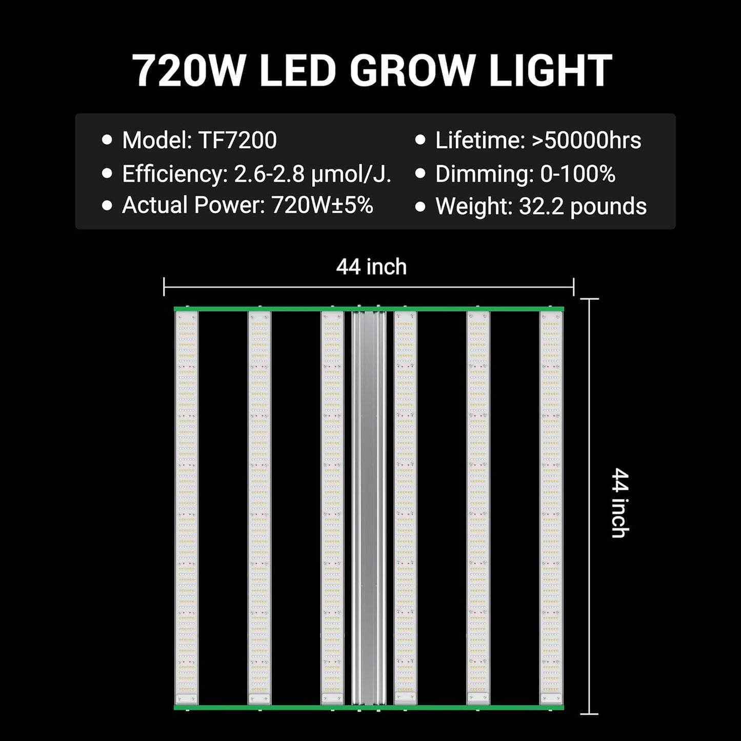 RDJ Bouns 720W LED Grow Light for 4x4/5x5 Grow Tent, Wide Body 6 Bar 100V-277V LM281B+ and EPI Diodes, Full Spectrum, Overall Size 44" x 44", Daisy Chain Dimmable, Perfect for Indoor Garden