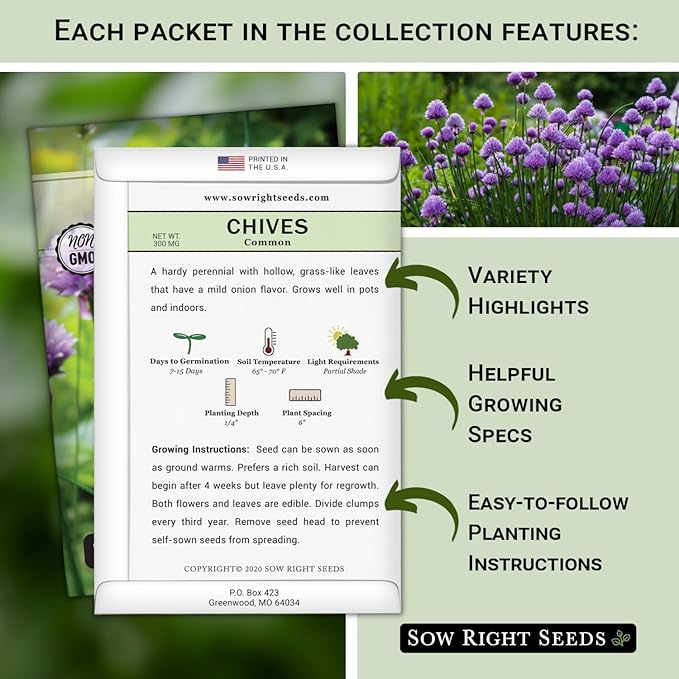 Sow Right Seeds - Large Herb Garden Seed Collection for Planting - Basil, Chives, Parsley, Lavender, Oregano, Dill, Lemon Balm, Chamomile & Thyme - Non GMO Heirloom - Plant Outdoors or Indoors