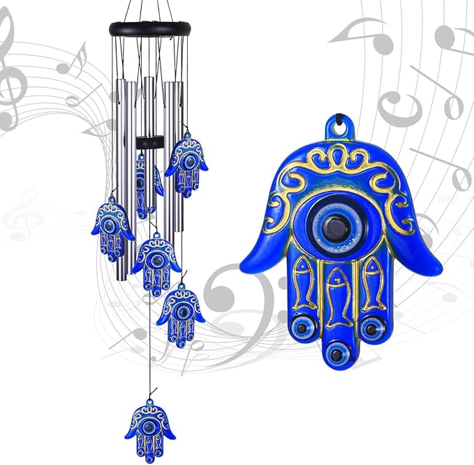 Blue Evil Eye Hamsa Hand Wind Chimes Outdoor Decoration, Hand of Fatima Windcatcher, Evil Eye Wind Bells, Hand of Fatima Blue Evil Eye Amulet Wind Chimes for Home, Gift for Mom, Balcony, Patio, Garden