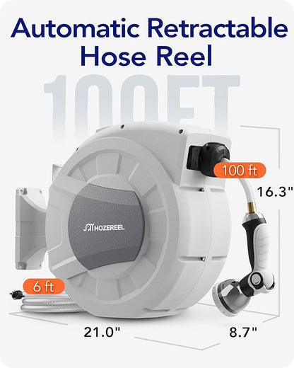 100 FT x 1/2" Retractable Garden Hose Reel by HOZEREEL, Decorative Outdoor Garden Hose Reels - Automatic Self Retract Wall Mount Hose Reel Enclosed Storage, Any Length Lock, 10 Pattern Nozzle-Grey