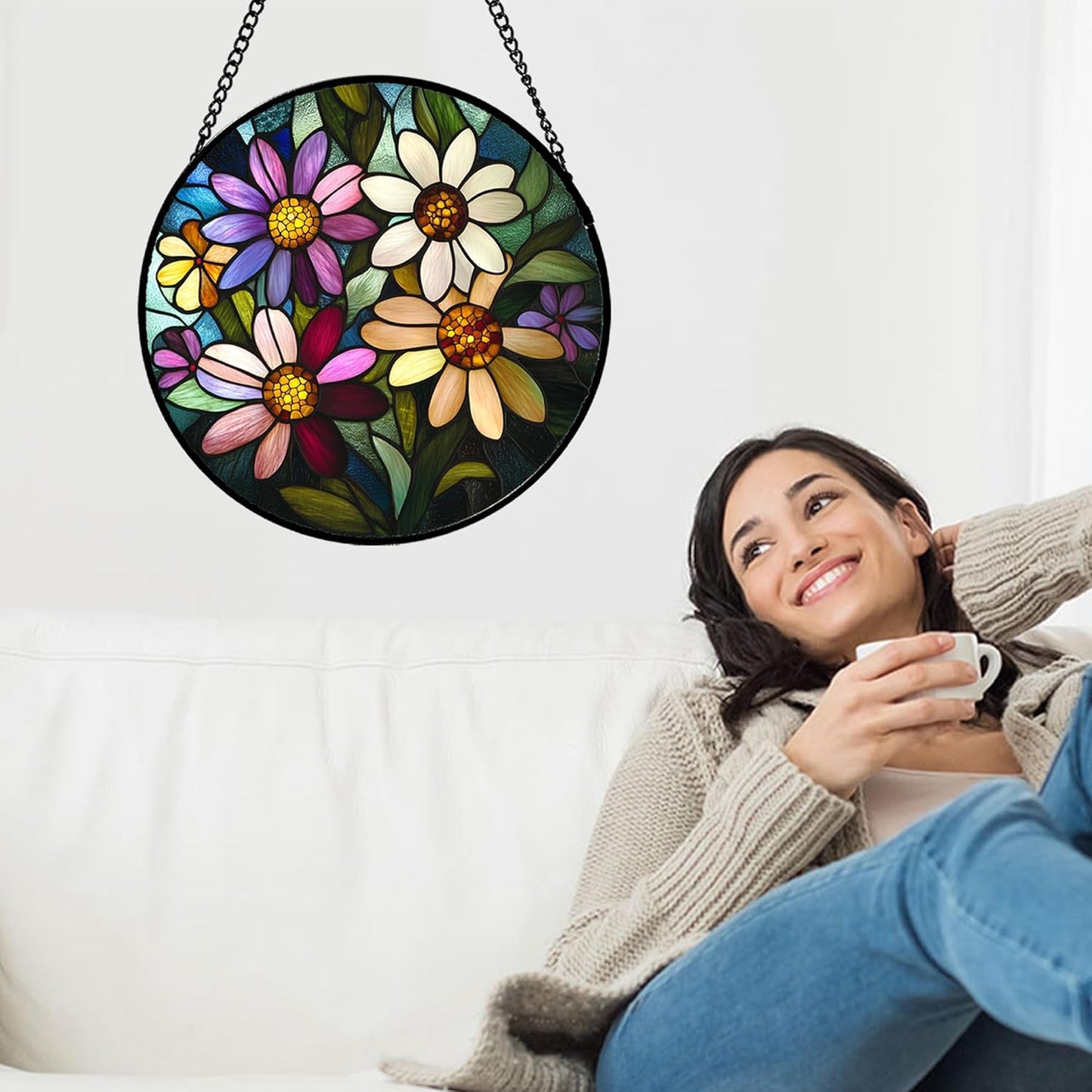 Stained Glass Window Hanging - Colorful Daisies Suncatcher for Door Garden Patio Retro Flower Sun Catchers Decor Christmas Mother's Day Birthday Gifts for Women Mom Nana Aunt Friend 6.3 in