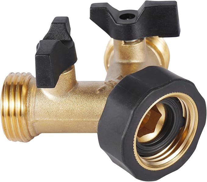 Garden Hose Splitter 2 Way Heavy Duty, Brass Hose Y Splitter with Shutoff Valve, Easy Grip Handle, Water Spigot Outdoor Faucet Splitter Y Adapter with 2 Extra Rubber Washers