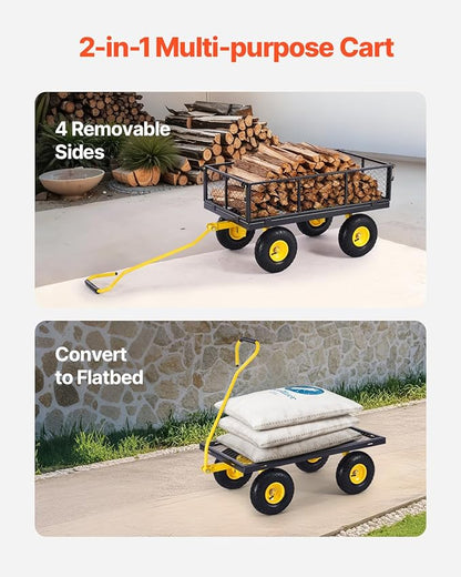 VEVOR 900 Lbs Heavy Duty Steel Garden Cart, Garden Wagon Cart on Wheels, Outdoor Metal Yard Utility Wagon Carts with 10" Tires and Mesh Removable Sides(Convert to Flatbed) and 180°Rotating Handle