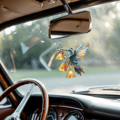Hummingbird Flower Acrylic Suncatcher Stained Glass Effect Window Car Hanging Christmas Ornament Indoor Outdoor Decor Garden Sun Catcher Panel for Bird Lover for Women Mom Grandma