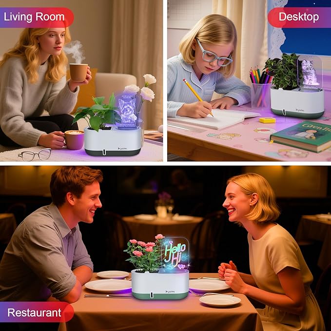 Self-Watering Plant Pot with LED Note Board & 7 Colors Pen, Led Acrylic Message Board with Plant Pot,Dog Board Night Light with Planting Pot for Room/Store/Office (No Plant&Seed)