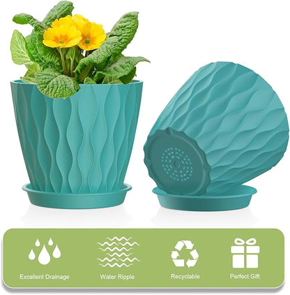 6 Pack 4 Inch Small Plant Pots with Saucers, Waffle Texture Plastic Planters with Drainage Holes for Indoor and Outdoor Plants, Flowers, Herbs, Succulents, and Seedlings, Blue