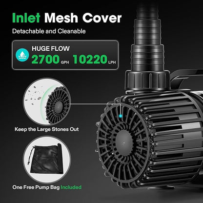 VIVOSUN 2700 GPH Submersible Water Pump with Barrier Bag, 120W Pond Pump, Ultra Quiet Aquarium Pump with 15FT. Lift Height for Pond, Waterfall, Fish Tank, Statuary, Hydroponic