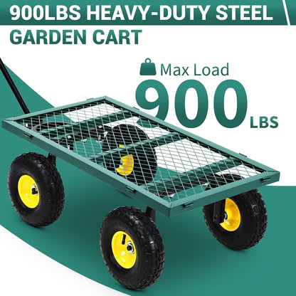 900 Lbs Steel Garden Cart. Heavy Duty Metal Garden Wagon with 10" Wheels, Pullable Metal Garden Wagon with 180° Rotating Handle and Removable Sides for Farm, Yard