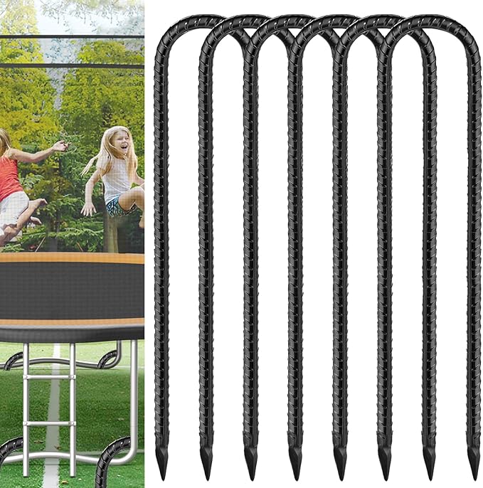 Black Trampoline Stakes Anchors High Wind 12inx6mm Galvanized U Hook 6pcs Rebar Stakes – Heavy Duty Ground Anchors for Trampoline,Yard & Inflatable,Landscape Metal Stakes for Outdoor Decorations