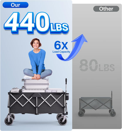 Collapsible Wagon, 440lbs Foldable Wagons Carts with Big Wheels, Heavy Duty Folding Wagon for Beach/Garden/Camping/Grocery-Ink Black