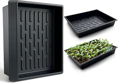 Seed Starter Tray, 10 Packs Plant Tray, Durable Plastic Growing Trays, Stackable Seedling Starter Trays Perfect for Indoor, Outdoor, Greenhouses, 16.5" L x 13.2" W x 2.8" H - Black