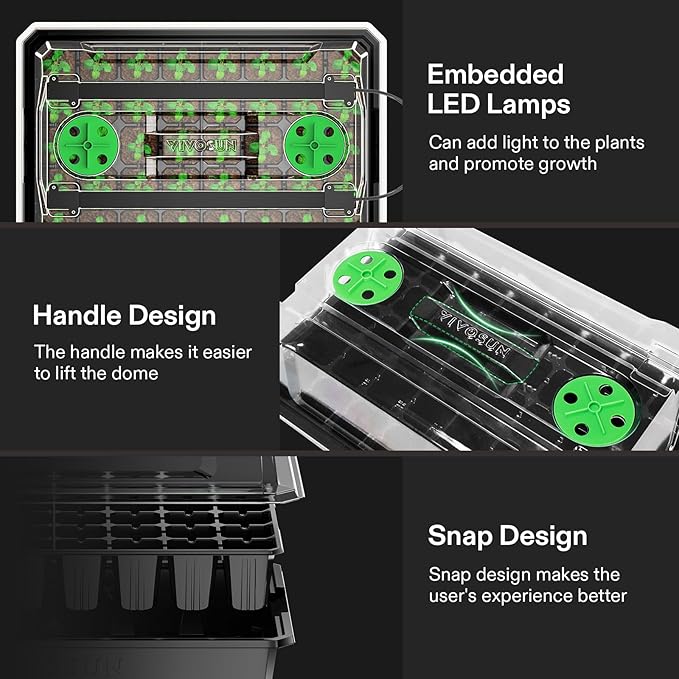 VIVOSUN 6-Pack Seed Starter Trays, 240-Cell Seed Starter Kit with 2 Set of LED Lights, 3.6" Higher Cover, Adjustable Vents, Drainage Holes, Green Propagation Tray for Planting Seed, 40 Cells x 6 Packs