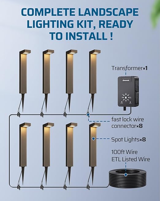 DEWENWILS 12V Landscape Lighting kit, 1x120W Transformer with Dusk to Dawn Photocell Sensor+8x3.2W Aluminum Low Voltage Pathway Lights, 100FT Wire+8 Pack Connector for Patio Yard Garden