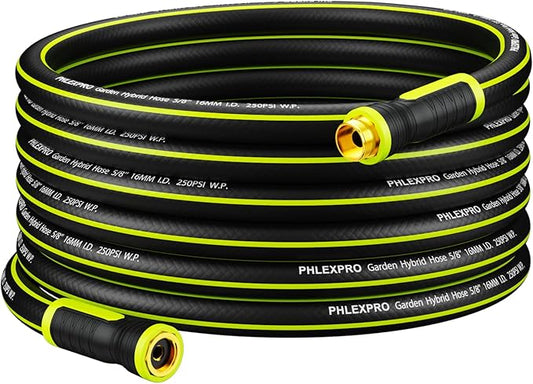 Garden Hose 25FT - PHLEX PRO Heavy-Duty Premium 5/8'' Rubber 3-Layer Water Hose - Innovation Flexible Hybrid Lightweight Water Hose, Full Brass Male to Female Fittings