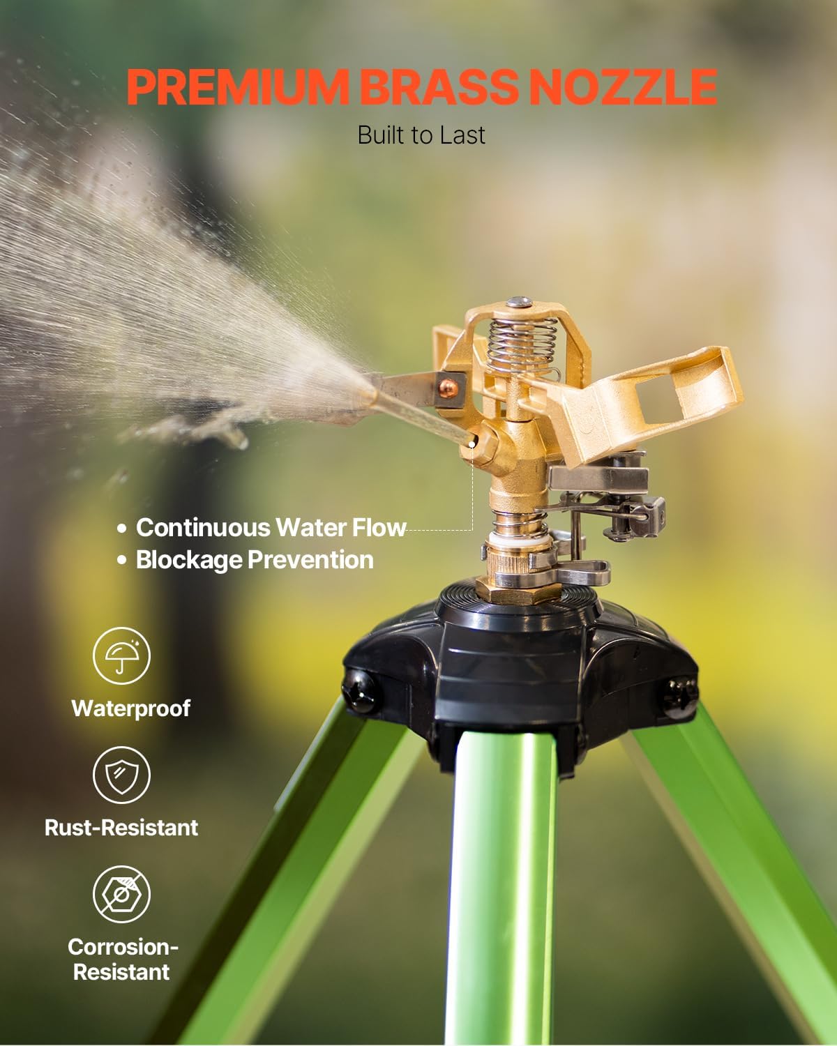 VEVOR Impact Sprinkler on Tripod Base, Heavy Duty Tripod Sprinklers with Brass Head & 3/4" Connector, 360 Degree Large Area Coverage Irrigation Sprinkler, Adjustable Heights, for Yard Green