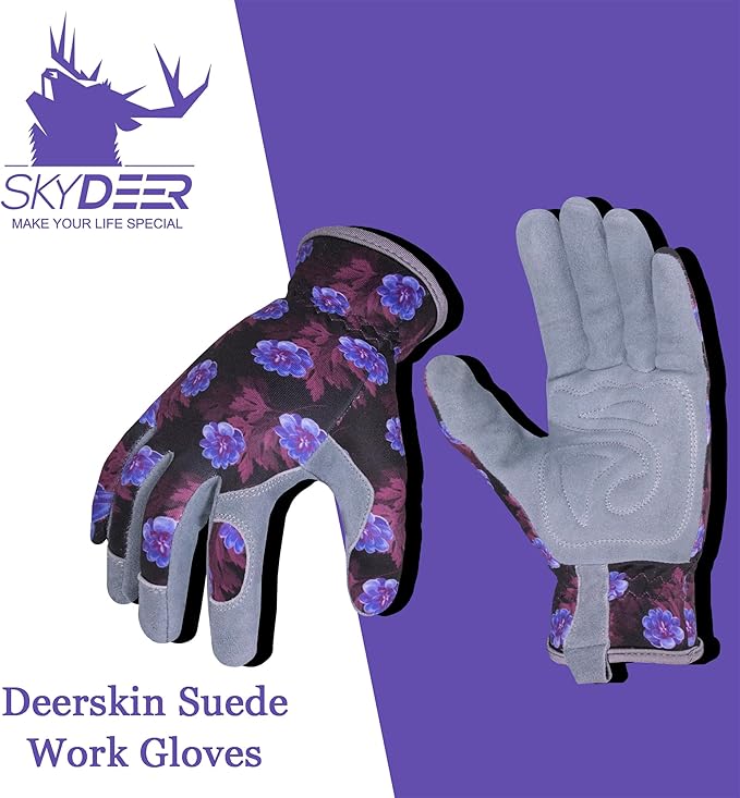 SKYDEER Premium Genuine Deerskin Suede Women's Gardening Gloves, Ultra-Soft Padded, Comfort Fit for Work (SD6613/M)