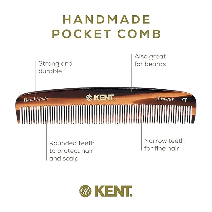 Kent 7T Handmade All Fine Tooth Pocket Comb for Men, Hair Comb Straightener for Everyday Grooming Styling Hair, Mustache and Beard, Use Dry or with Balms, Saw Cut and Hand Polished, Made in England